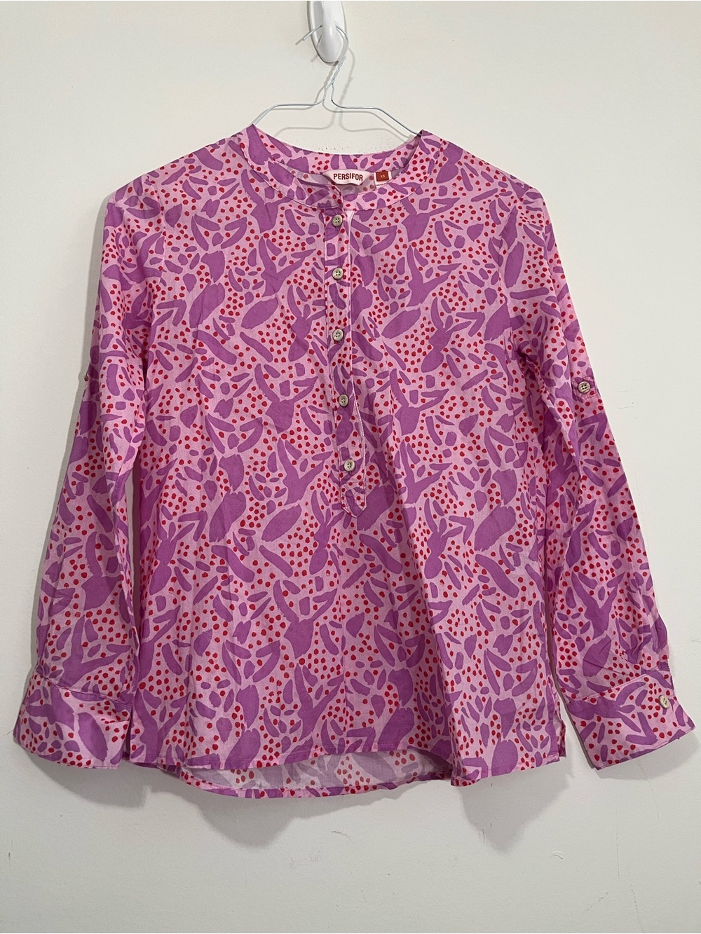 Persifor Printed Button Down Henley Shirt XS Cotton Roll Tab Sleeve Cottagecore